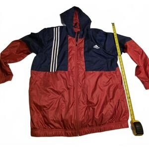 Adidas Men's Hooded Windbreaker Rain Jacket Red and Navy Blue Size 2XL